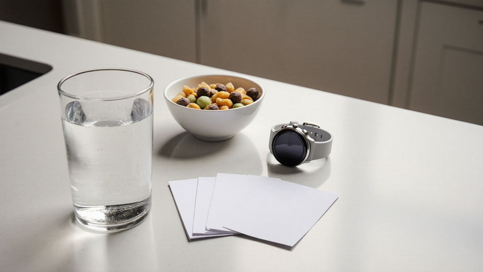Blank notes, water, and snack setup for planning a heat-safe walk