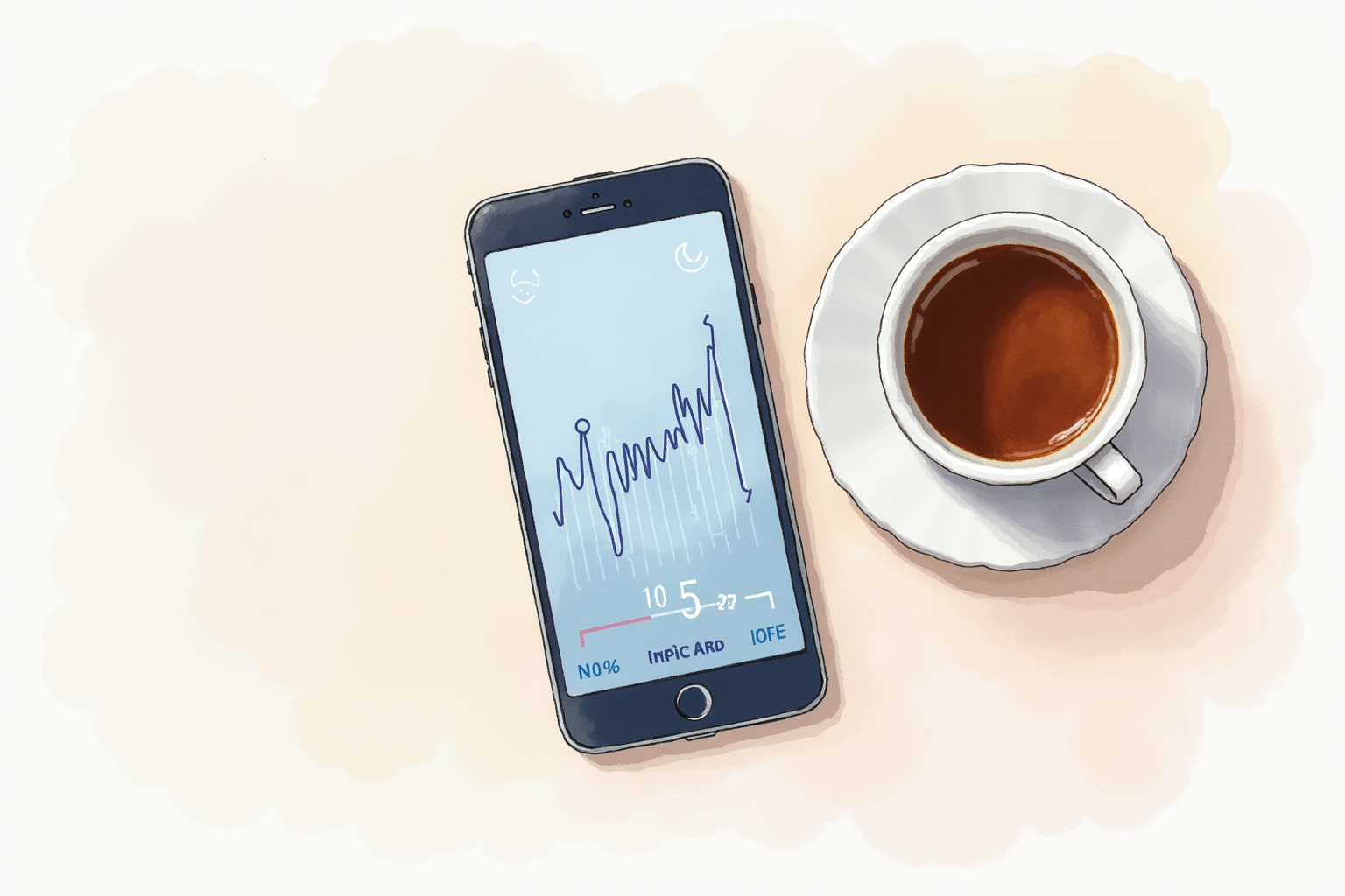 Smartphone showing sleep cycle graph beside a coffee cup
