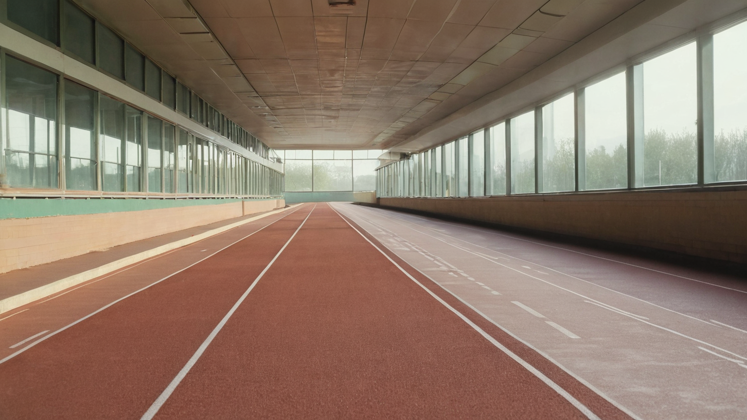 An empty indoor walking track with clear lanes and soft morning light