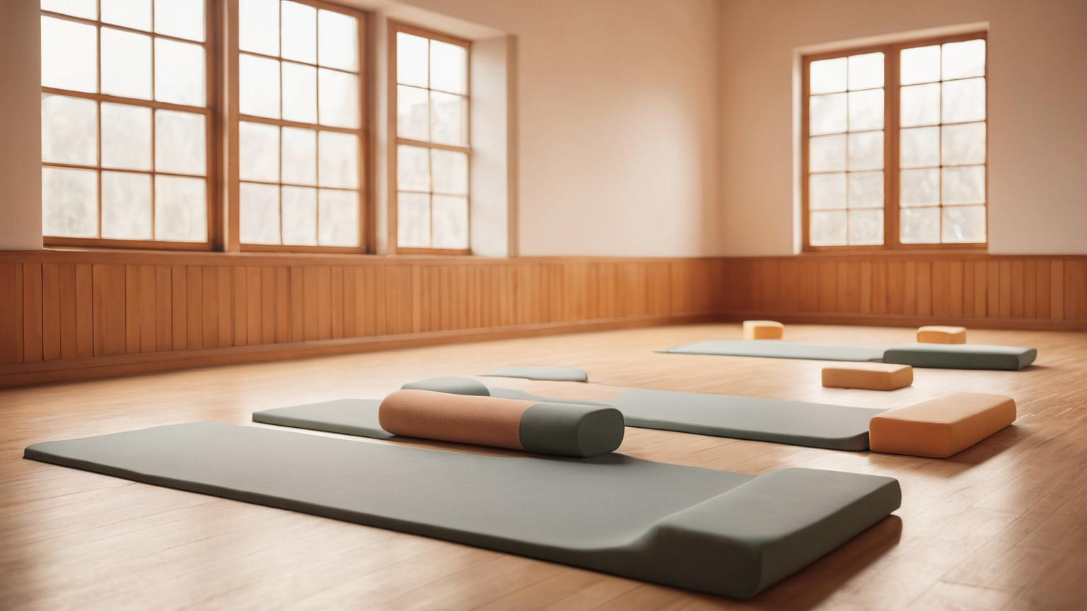 An uncluttered movement area with an exercise mat and two plain support blocks