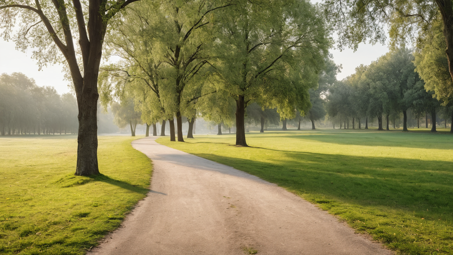 A level park walking path with a clear surface and gentle morning shade
