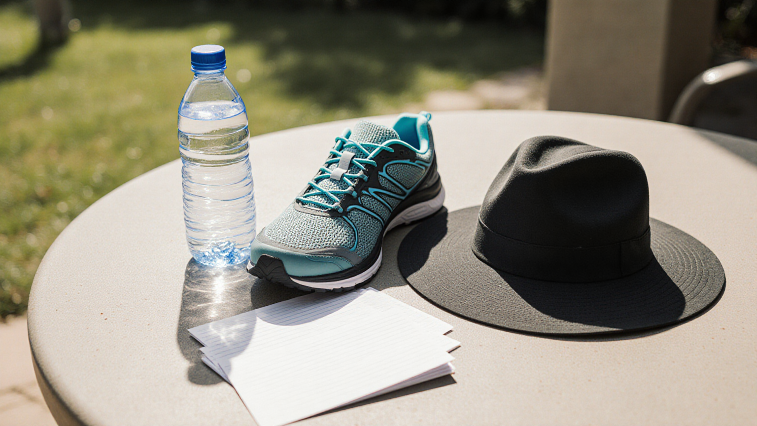Walking shoes, water, and hat for hot-weather setup
