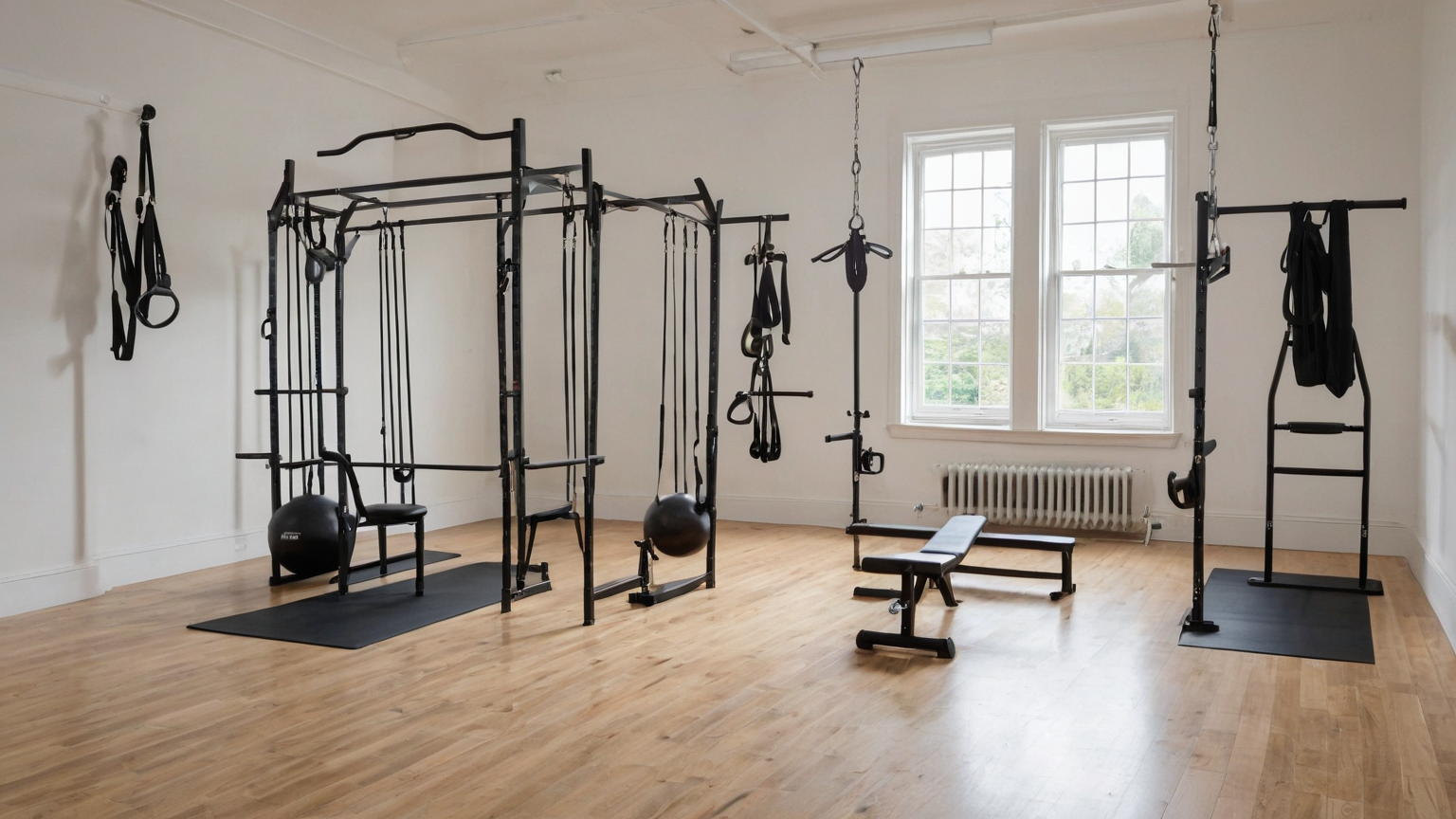 An uncluttered strength-training space with several equipment options