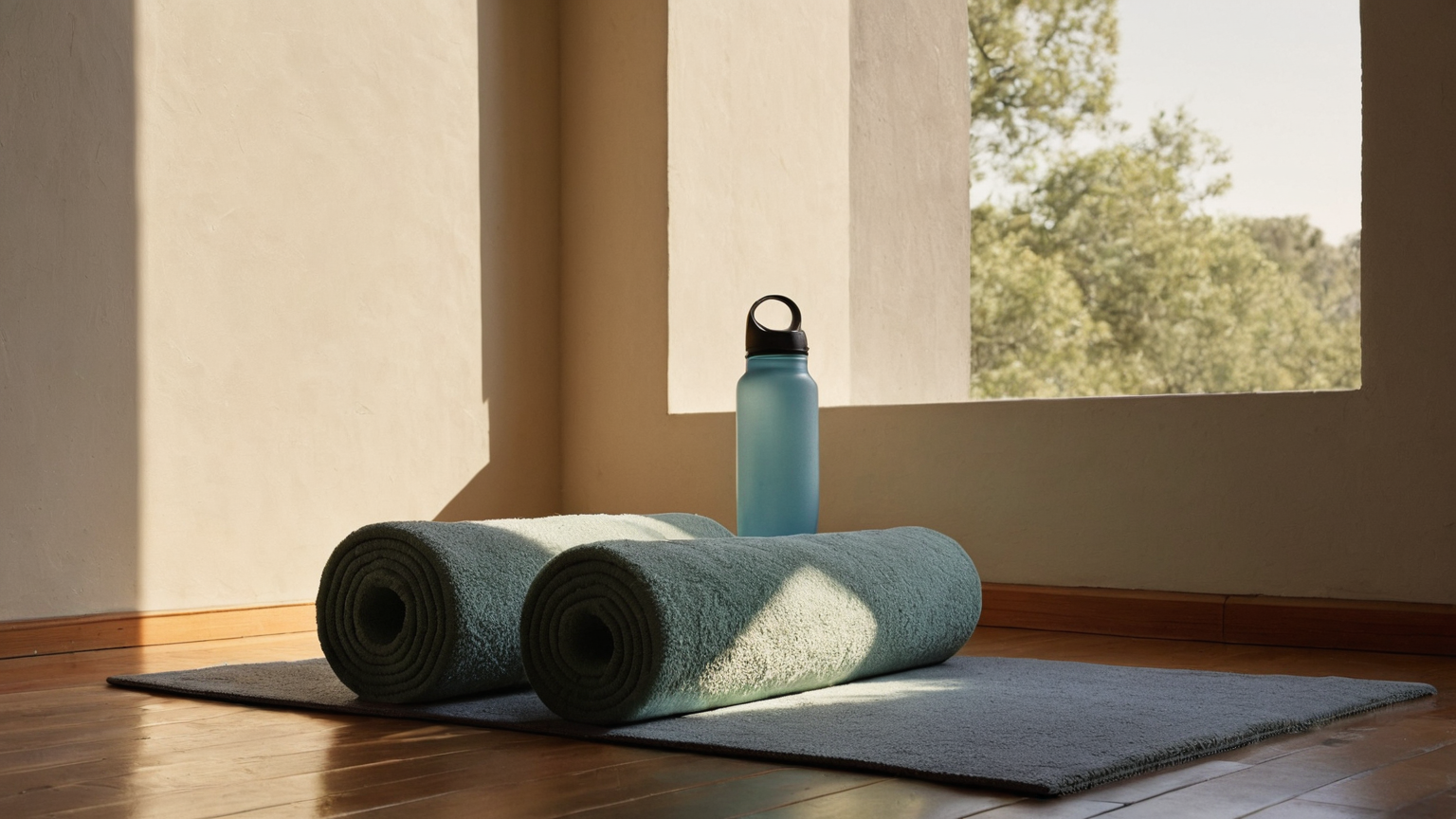 A foam roller, mat, towel, and bottle in a calm recovery space
