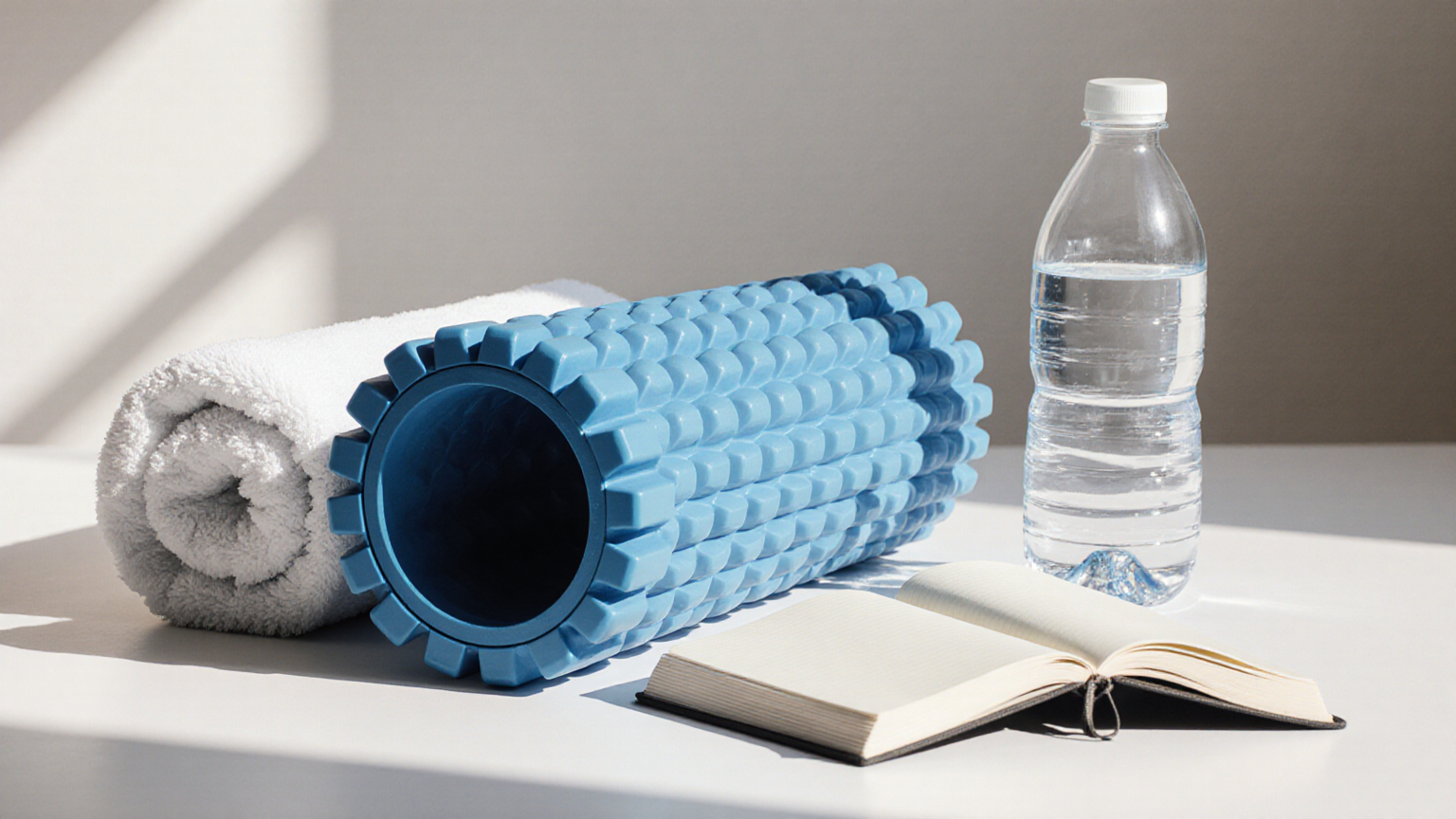 Foam roller, towel, bottle, and blank journal prepared for recovery